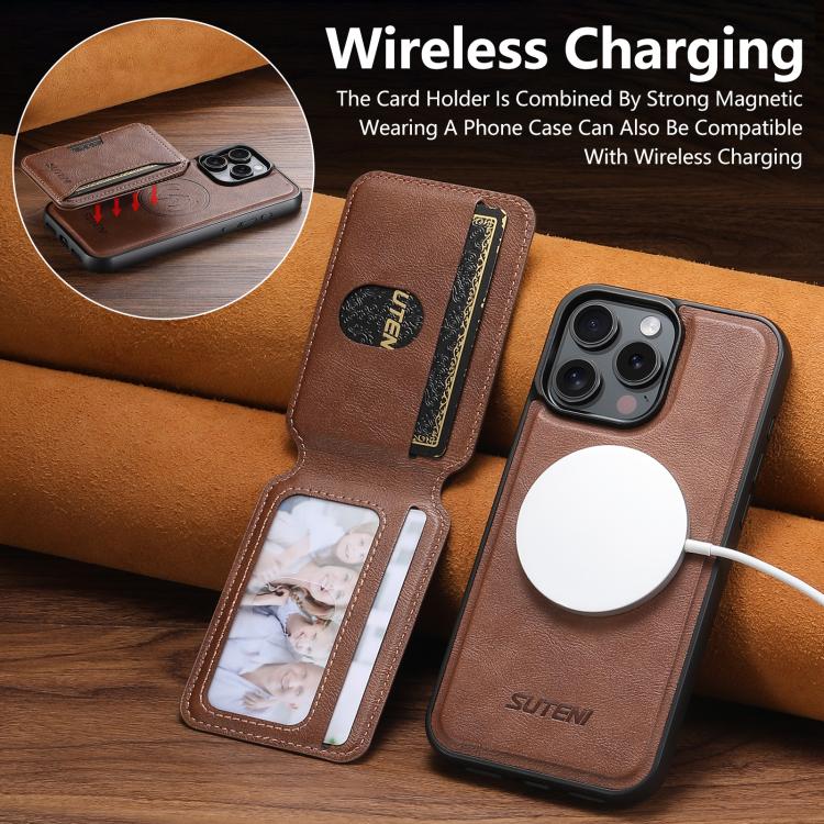 For iPhone 12 Pro Max Suteni M3 Card Bag MagSafe Cowhide Texture Leather Phone Case(Brown)