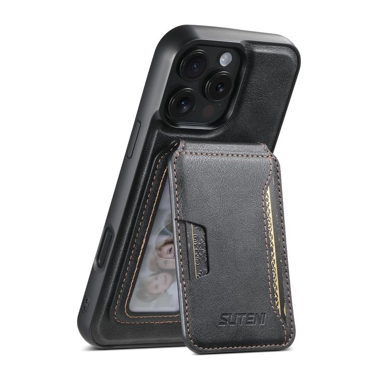 For iPhone 12 Pro Suteni M3 Card Bag MagSafe Cowhide Texture Leather Phone Case(Black)