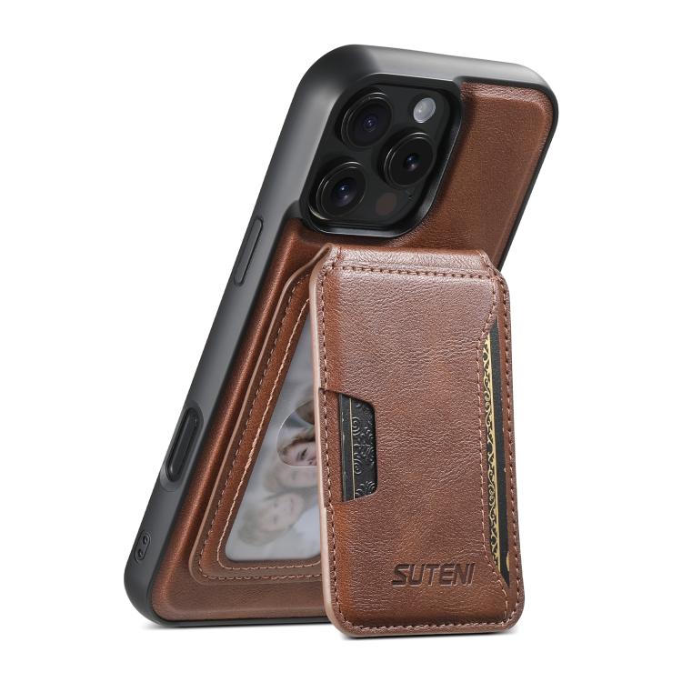 For iPhone 12 Pro Suteni M3 Card Bag MagSafe Cowhide Texture Leather Phone Case(Brown)