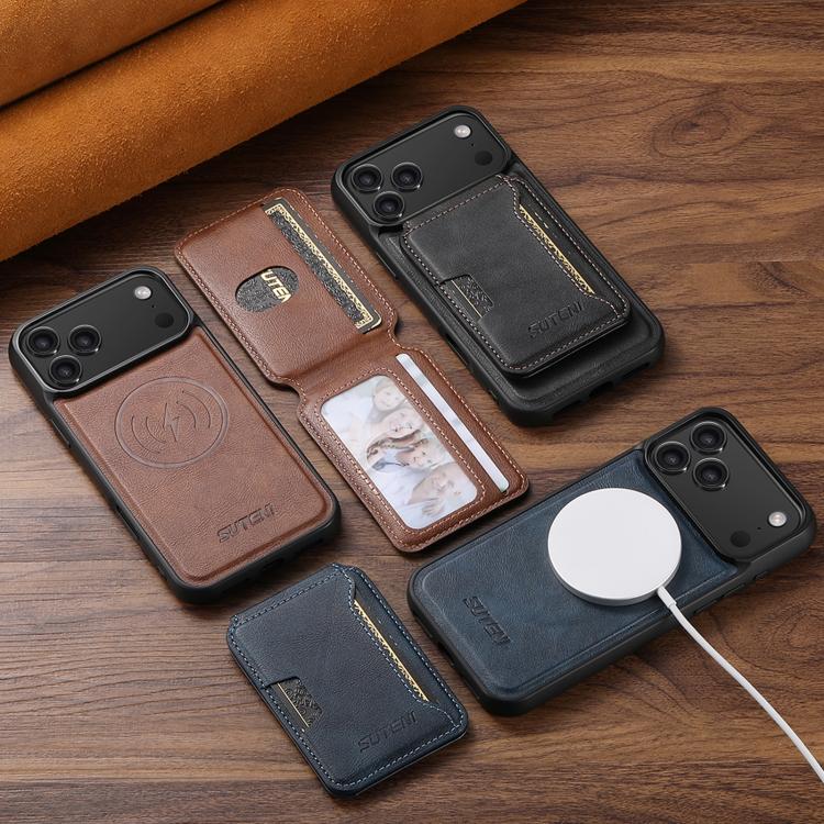 For iPhone 15 Plus Suteni M3 Card Bag MagSafe Cowhide Texture Leather Phone Case(Black)
