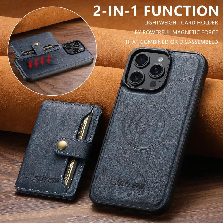 For iPhone 16 Pro Suteni M4 Magnetic Card Bag MagSafe Leather Phone Case(Blue)