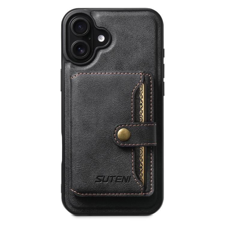 For iPhone 16 Plus Suteni M4 Magnetic Card Bag MagSafe Leather Phone Case(Black)