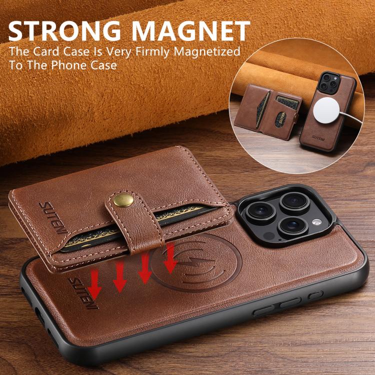 For iPhone 16 Plus Suteni M4 Magnetic Card Bag MagSafe Leather Phone Case(Brown)