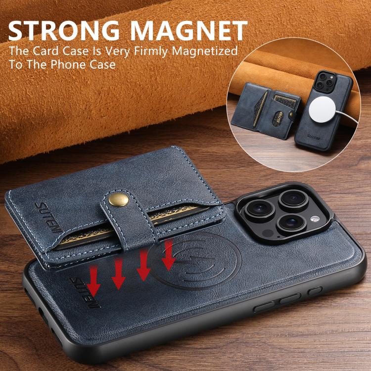 For iPhone 16 Suteni M4 Magnetic Card Bag MagSafe Leather Phone Case(Blue)