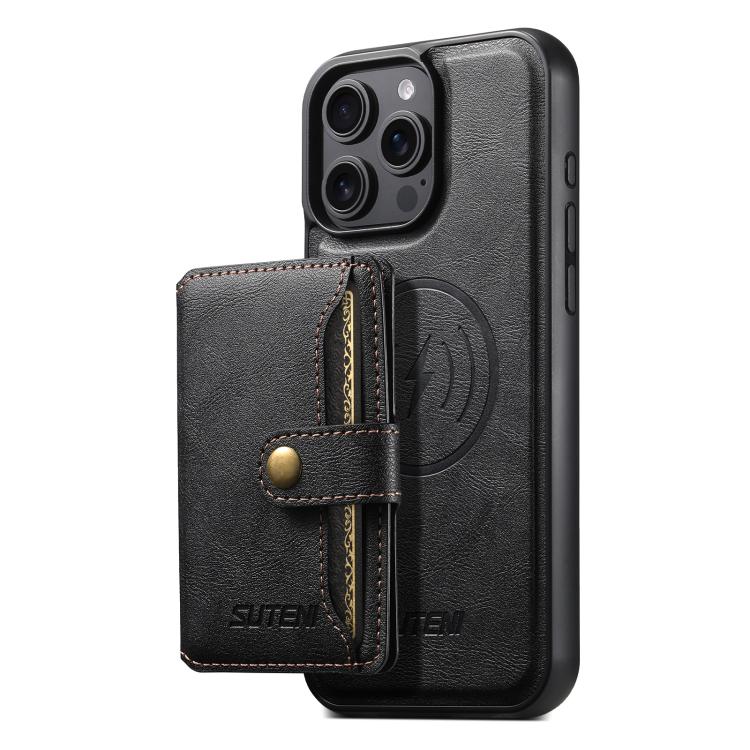 For iPhone 15 Pro Max Suteni M4 Magnetic Card Bag MagSafe Leather Phone Case(Black)