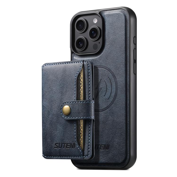 For iPhone 15 Pro Suteni M4 Magnetic Card Bag MagSafe Leather Phone Case(Blue)