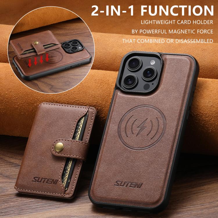 For iPhone 15 Plus Suteni M4 Magnetic Card Bag MagSafe Leather Phone Case(Brown)