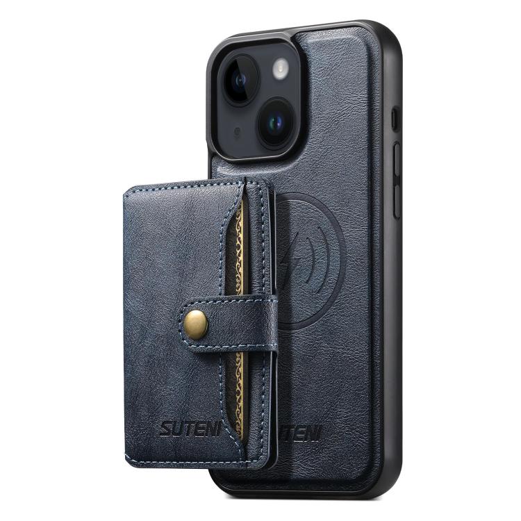 For iPhone 14 Plus Suteni M4 Magnetic Card Bag MagSafe Leather Phone Case(Blue)