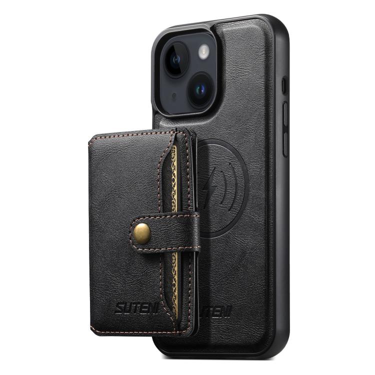 For iPhone 14 Suteni M4 Magnetic Card Bag MagSafe Leather Phone Case(Black)