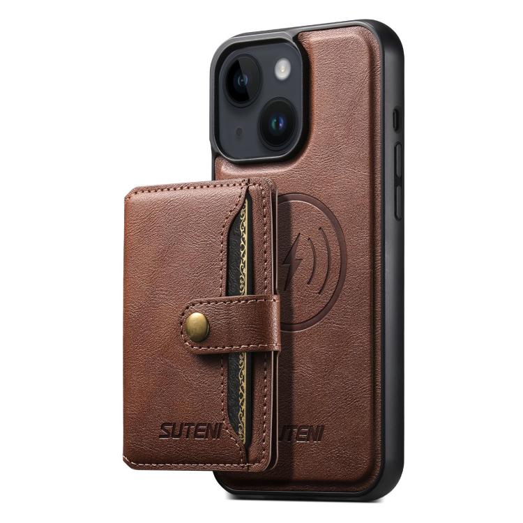 For iPhone 14 Suteni M4 Magnetic Card Bag MagSafe Leather Phone Case(Brown)