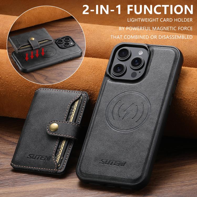 For iPhone 14 Pro Max Suteni M4 Magnetic Card Bag MagSafe Leather Phone Case(Black)