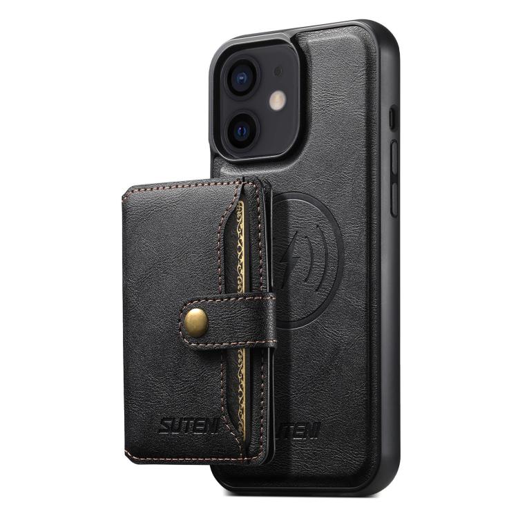 For iPhone 12 Suteni M4 Magnetic Card Bag MagSafe Leather Phone Case(Black)
