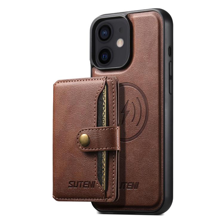 For iPhone 12 Suteni M4 Magnetic Card Bag MagSafe Leather Phone Case(Brown)