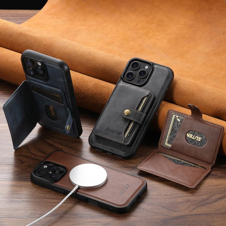 For iPhone 13 Suteni M4 Magnetic Card Bag MagSafe Leather Phone Case(Blue)