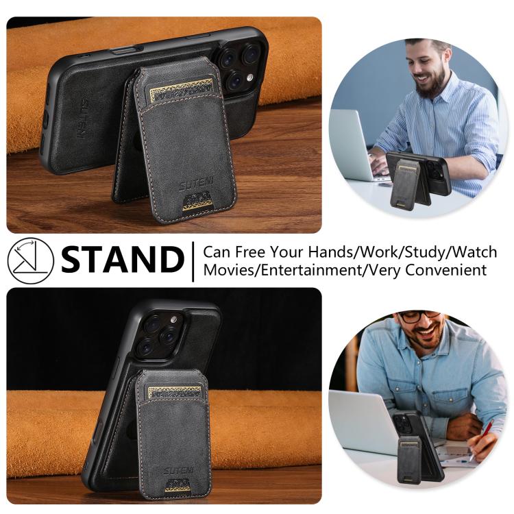 For iPhone 16 Pro Suteni M5 Magnetic Card Bag MagSafe Cowhide Texture Leather Phone Case(Black)