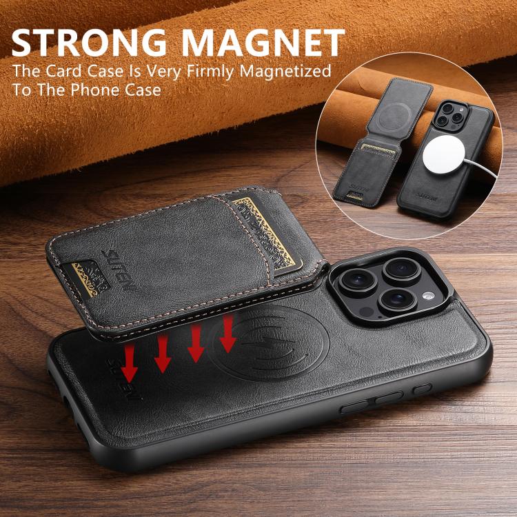 For iPhone 16 Plus Suteni M5 Magnetic Card Bag MagSafe Cowhide Texture Leather Phone Case(Black)