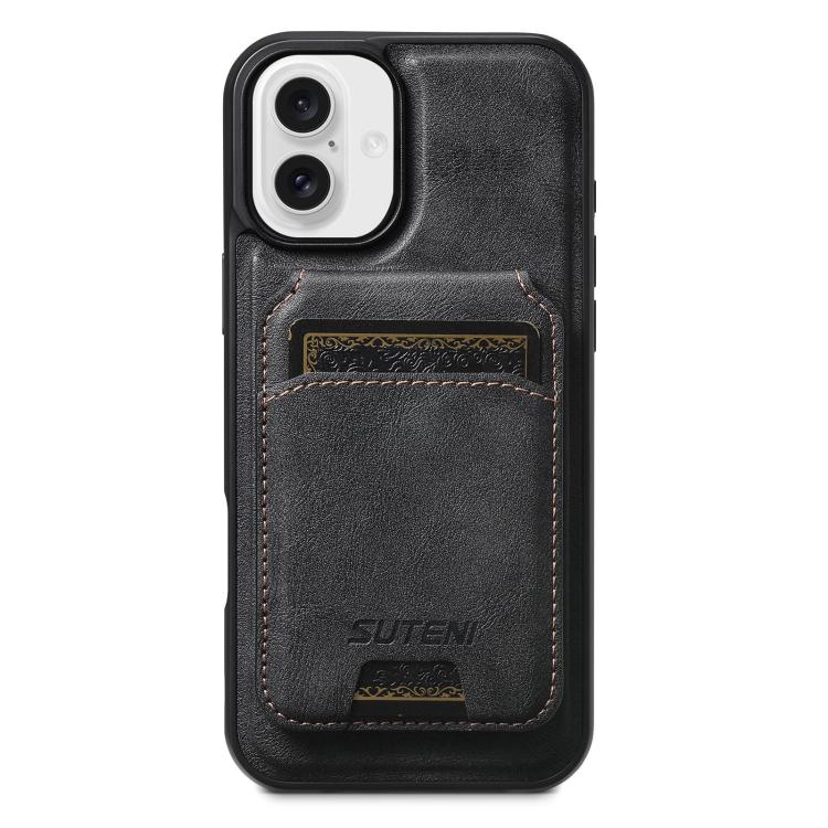 For iPhone 16 Plus Suteni M5 Magnetic Card Bag MagSafe Cowhide Texture Leather Phone Case(Black)