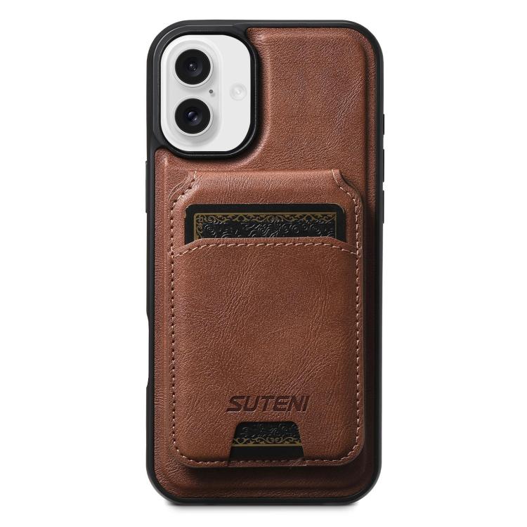 For iPhone 16 Plus Suteni M5 Magnetic Card Bag MagSafe Cowhide Texture Leather Phone Case(Brown)