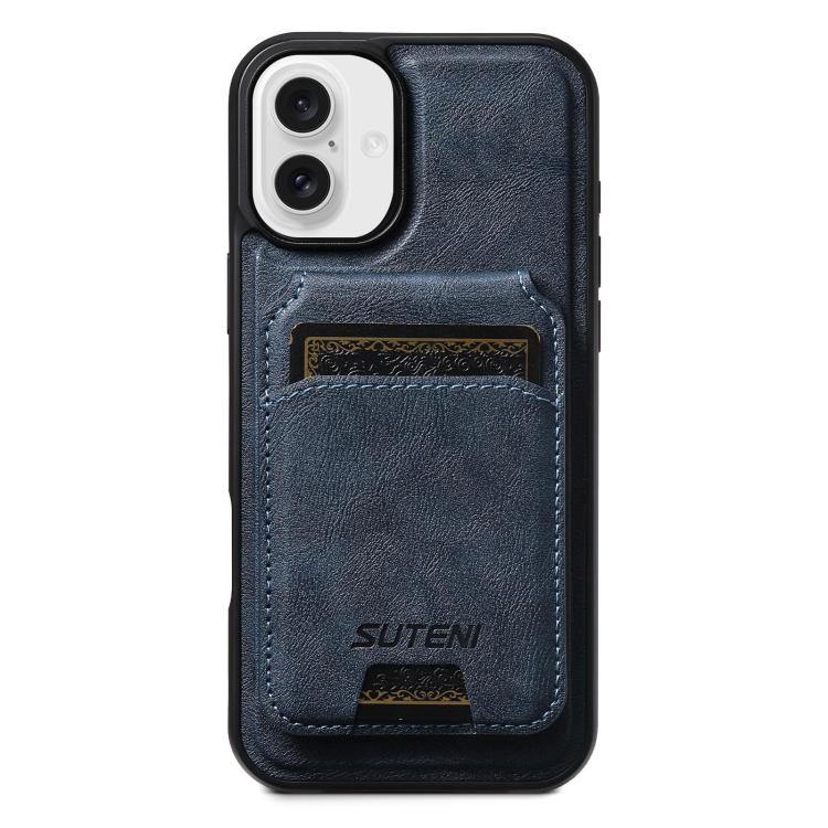 For iPhone 16 Suteni M5 Magnetic Card Bag MagSafe Cowhide Texture Leather Phone Case(Blue)