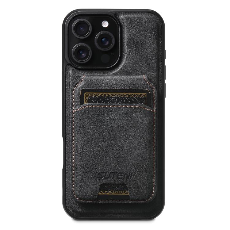 For iPhone 15 Pro Max Suteni M5 Magnetic Card Bag MagSafe Cowhide Texture Leather Phone Case(Black)