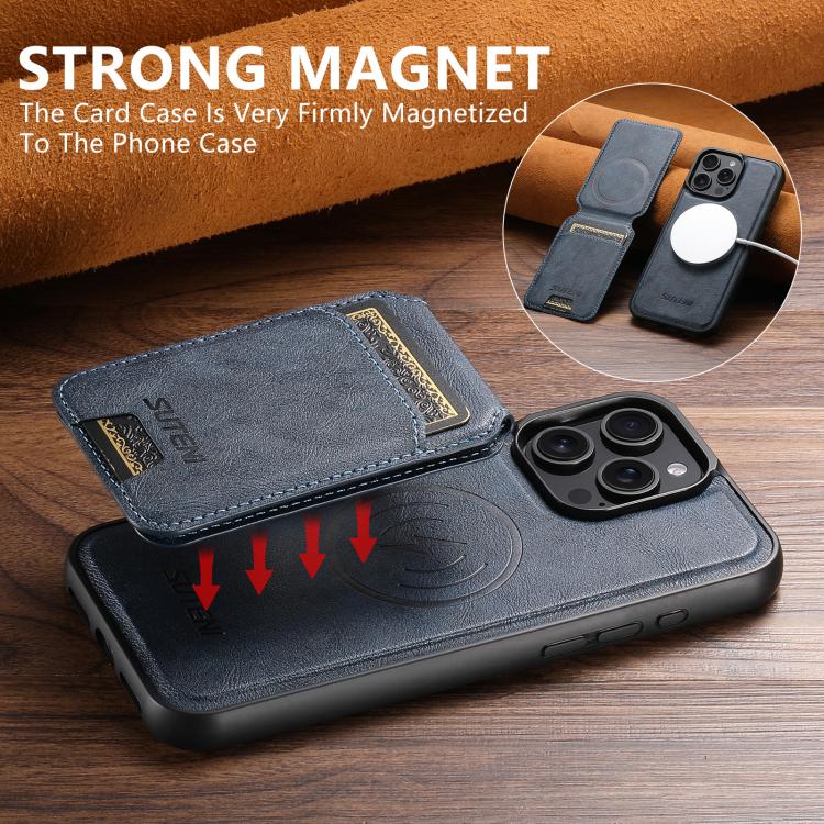 For iPhone 15 Pro Max Suteni M5 Magnetic Card Bag MagSafe Cowhide Texture Leather Phone Case(Blue)