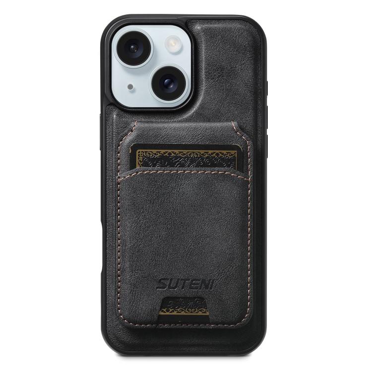 For iPhone 15 Plus Suteni M5 Magnetic Card Bag MagSafe Cowhide Texture Leather Phone Case(Black)