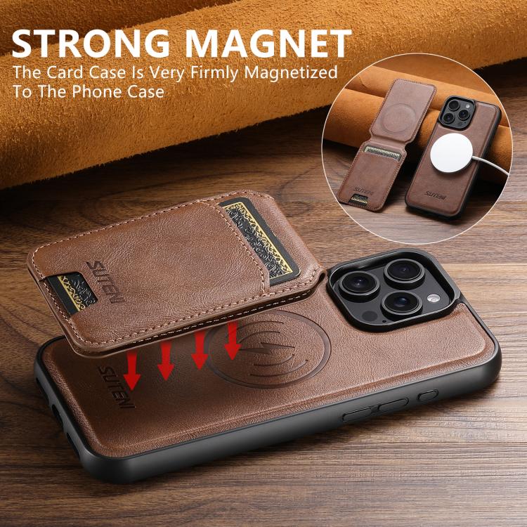 For iPhone 15 Plus Suteni M5 Magnetic Card Bag MagSafe Cowhide Texture Leather Phone Case(Brown)