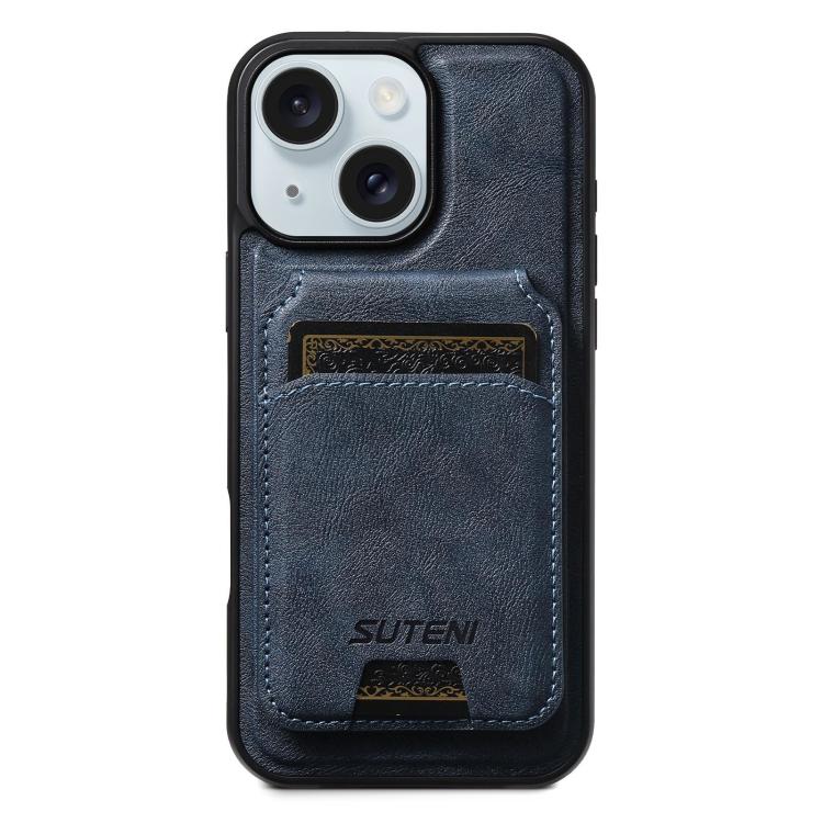 For iPhone 15 Plus Suteni M5 Magnetic Card Bag MagSafe Cowhide Texture Leather Phone Case(Blue)