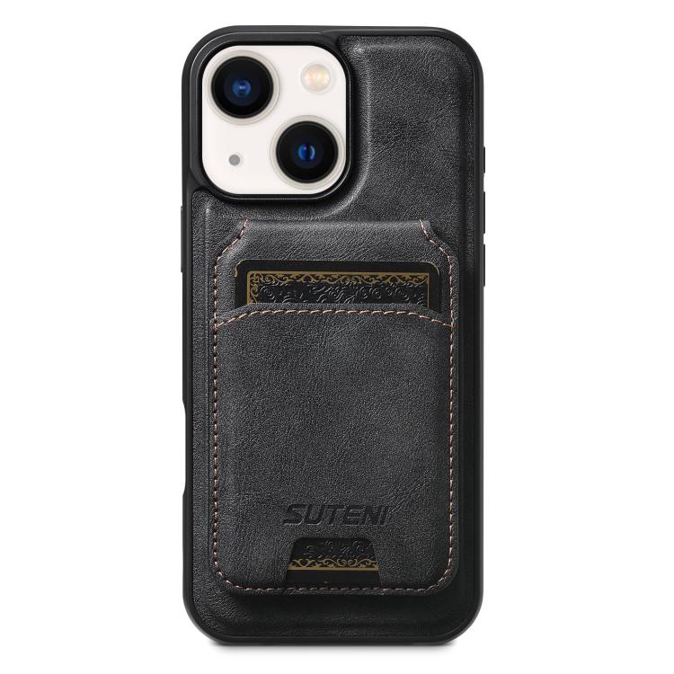 For iPhone 14 Plus Suteni M5 Magnetic Card Bag MagSafe Cowhide Texture Leather Phone Case(Black)