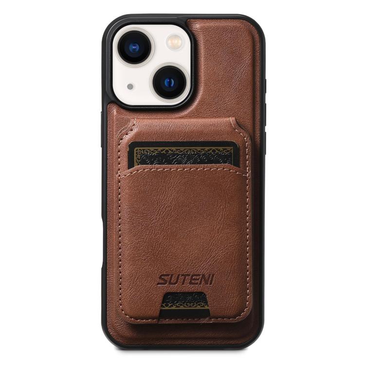 For iPhone 14 Plus Suteni M5 Magnetic Card Bag MagSafe Cowhide Texture Leather Phone Case(Brown)