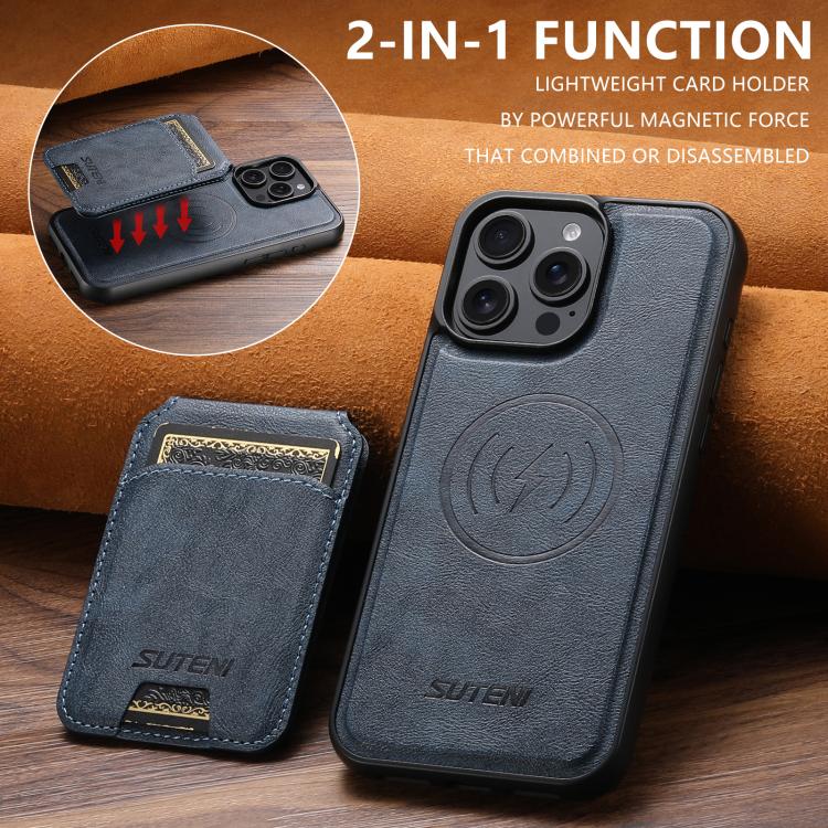 For iPhone 14 Plus Suteni M5 Magnetic Card Bag MagSafe Cowhide Texture Leather Phone Case(Blue)