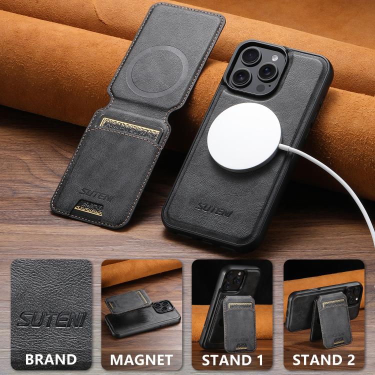 For iPhone 14 Suteni M5 Magnetic Card Bag MagSafe Cowhide Texture Leather Phone Case(Black)