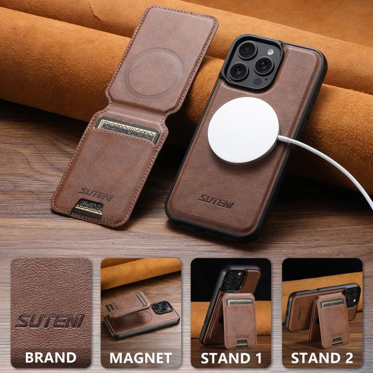For iPhone 14 Pro Max Suteni M5 Magnetic Card Bag MagSafe Cowhide Texture Leather Phone Case(Brown)