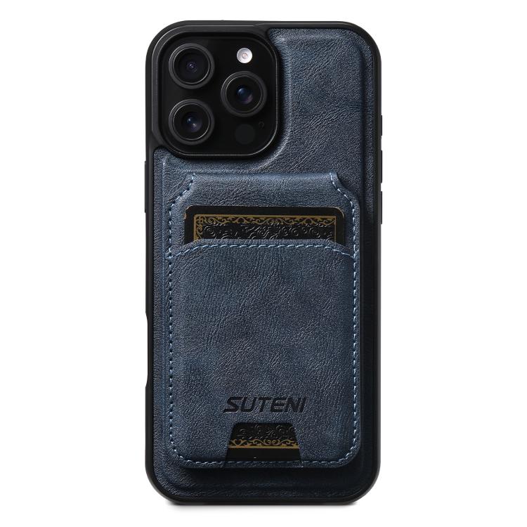 For iPhone 14 Pro Max Suteni M5 Magnetic Card Bag MagSafe Cowhide Texture Leather Phone Case(Blue)