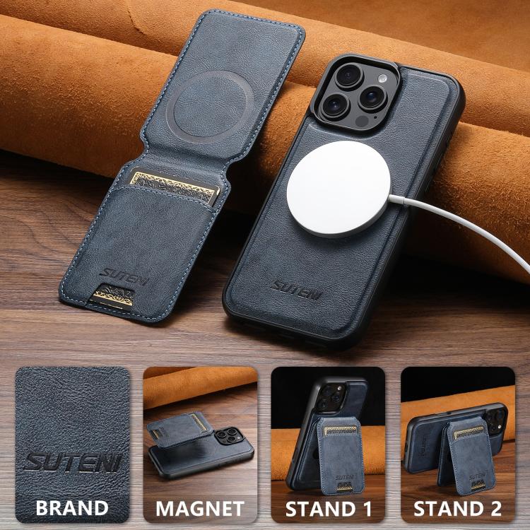For iPhone 13 Pro Max Suteni M5 Magnetic Card Bag MagSafe Cowhide Texture Leather Phone Case(Blue)