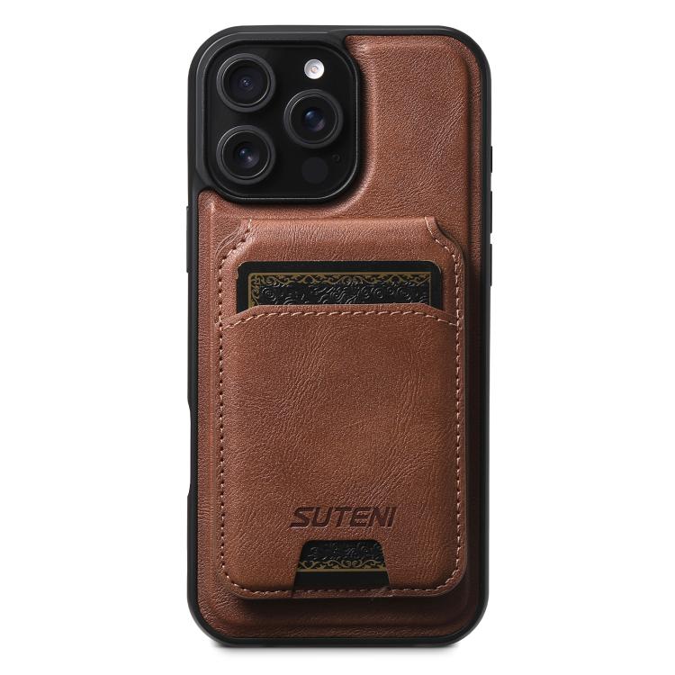 For iPhone 13 Pro Suteni M5 Magnetic Card Bag MagSafe Cowhide Texture Leather Phone Case(Brown)