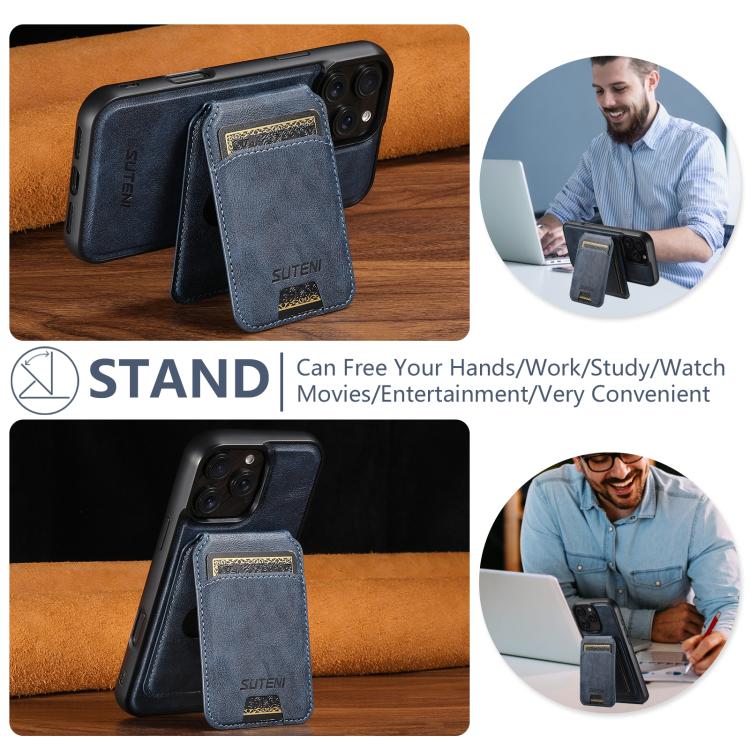 For iPhone 13 Pro Suteni M5 Magnetic Card Bag MagSafe Cowhide Texture Leather Phone Case(Blue)