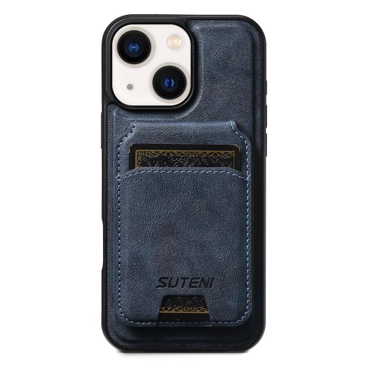 For iPhone 13 Suteni M5 Magnetic Card Bag MagSafe Cowhide Texture Leather Phone Case(Blue)