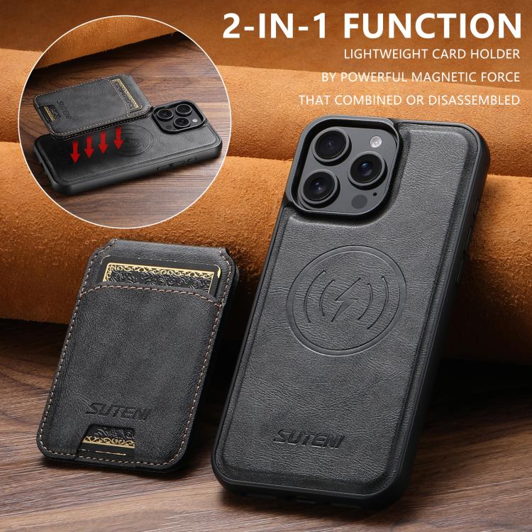 For iPhone 12 Pro Suteni M5 Magnetic Card Bag MagSafe Cowhide Texture Leather Phone Case(Black)