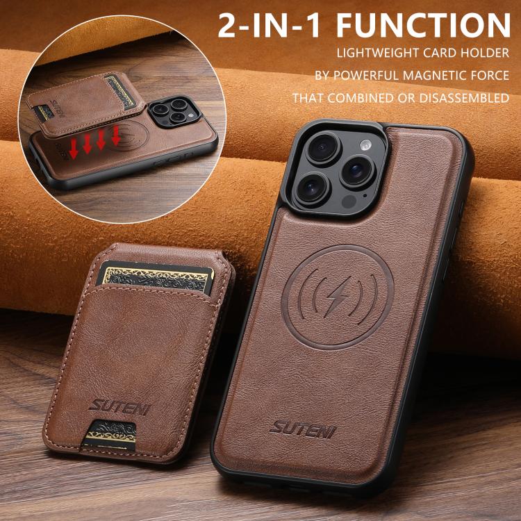 For iPhone 12 Pro Suteni M5 Magnetic Card Bag MagSafe Cowhide Texture Leather Phone Case(Brown)