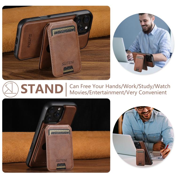 For iPhone 12 Pro Suteni M5 Magnetic Card Bag MagSafe Cowhide Texture Leather Phone Case(Brown)