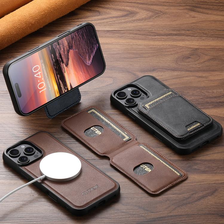 For iPhone 13 Suteni M5 Magnetic Card Bag MagSafe Cowhide Texture Leather Phone Case(Blue)