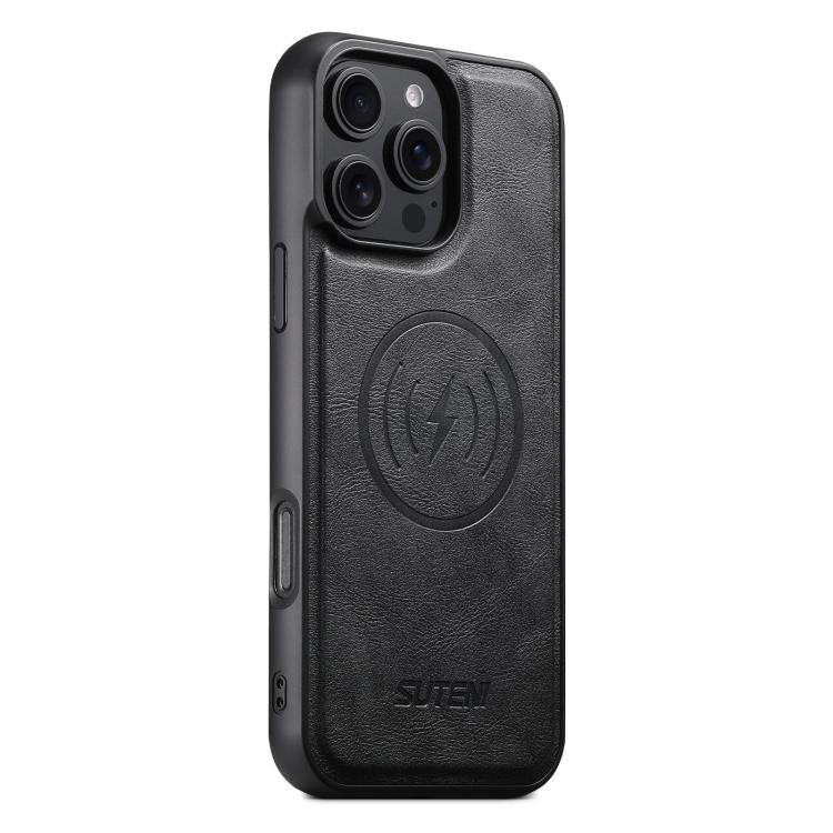 For iPhone 16 Pro Max Suteni G5 Cowhide Leather MagSafe Magnetic Phone Case(Black)