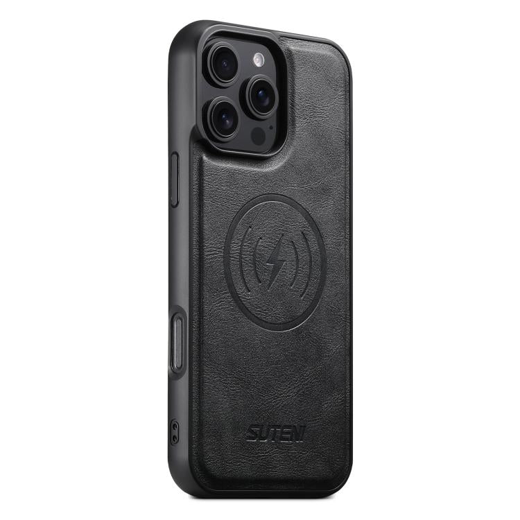 For iPhone 16 Pro Suteni G5 Cowhide Leather MagSafe Magnetic Phone Case(Black)