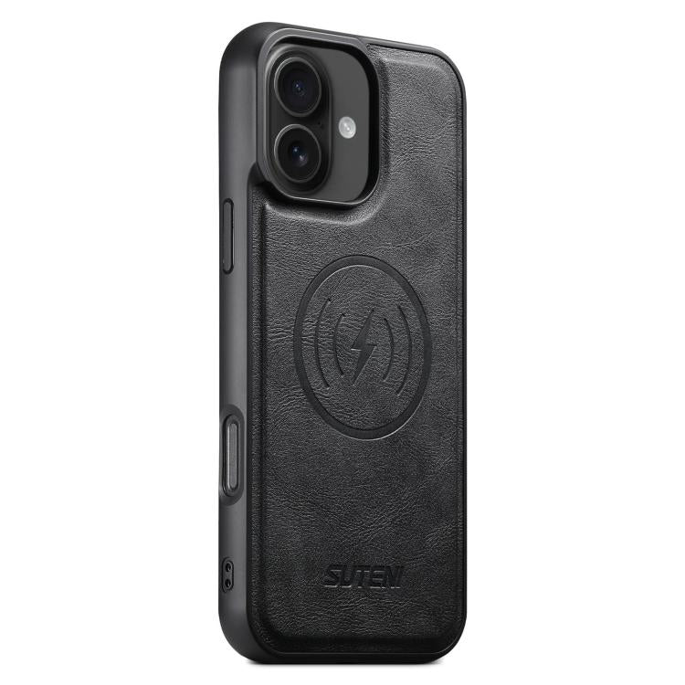 For iPhone 16 Plus Suteni G5 Cowhide Leather MagSafe Magnetic Phone Case(Black)
