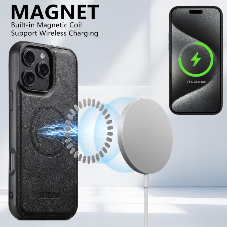 For iPhone 16 Plus Suteni G5 Cowhide Leather MagSafe Magnetic Phone Case(Black)