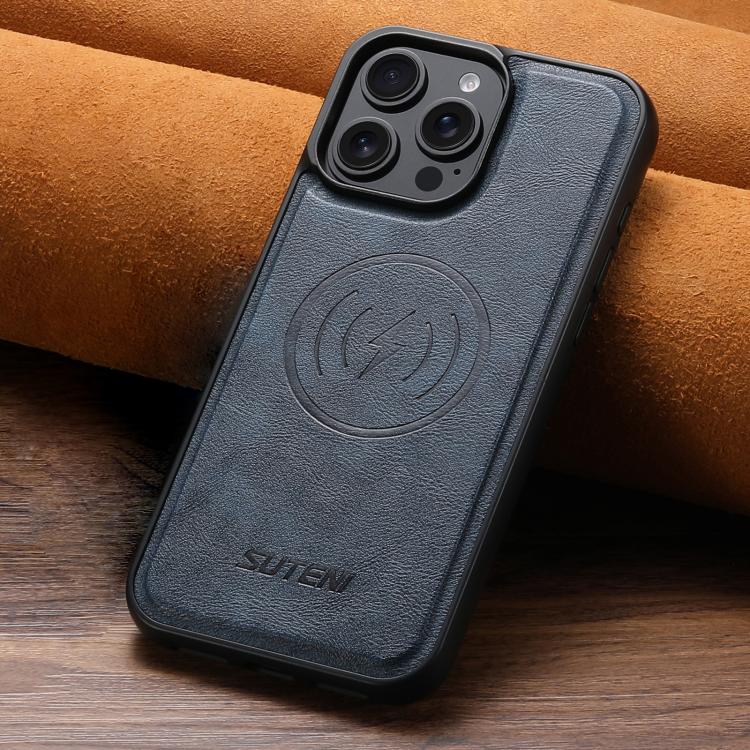 For iPhone 16 Plus Suteni G5 Cowhide Leather MagSafe Magnetic Phone Case(Blue)
