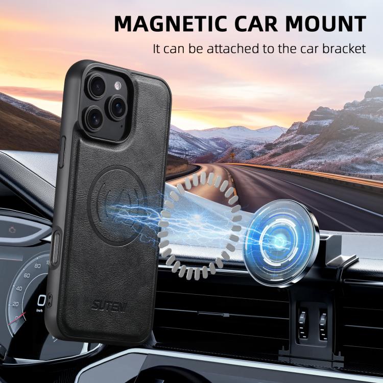 For iPhone 15 Pro Max Suteni G5 Cowhide Leather MagSafe Magnetic Phone Case(Black)