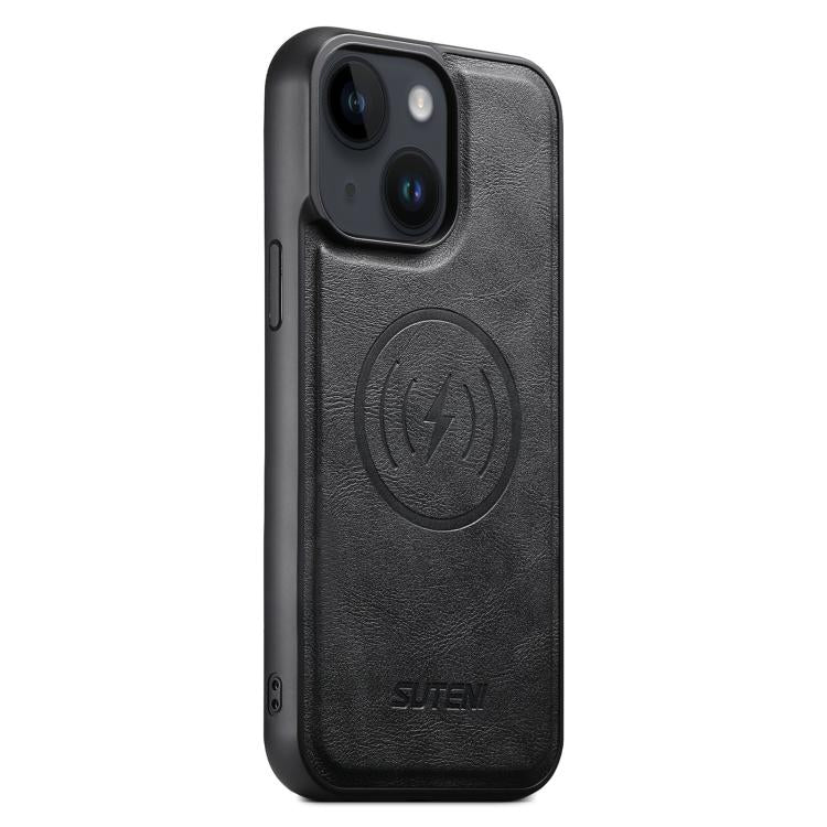For iPhone 15 Plus Suteni G5 Cowhide Leather MagSafe Magnetic Phone Case(Black)