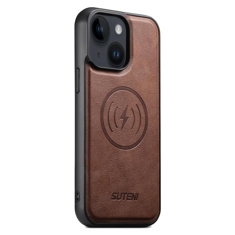 For iPhone 15 Plus Suteni G5 Cowhide Leather MagSafe Magnetic Phone Case(Brown)